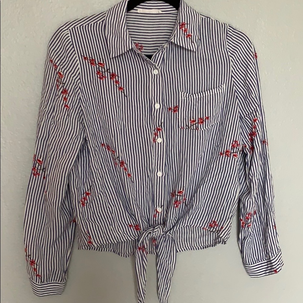 Blue striped tie blouse pink flower detail